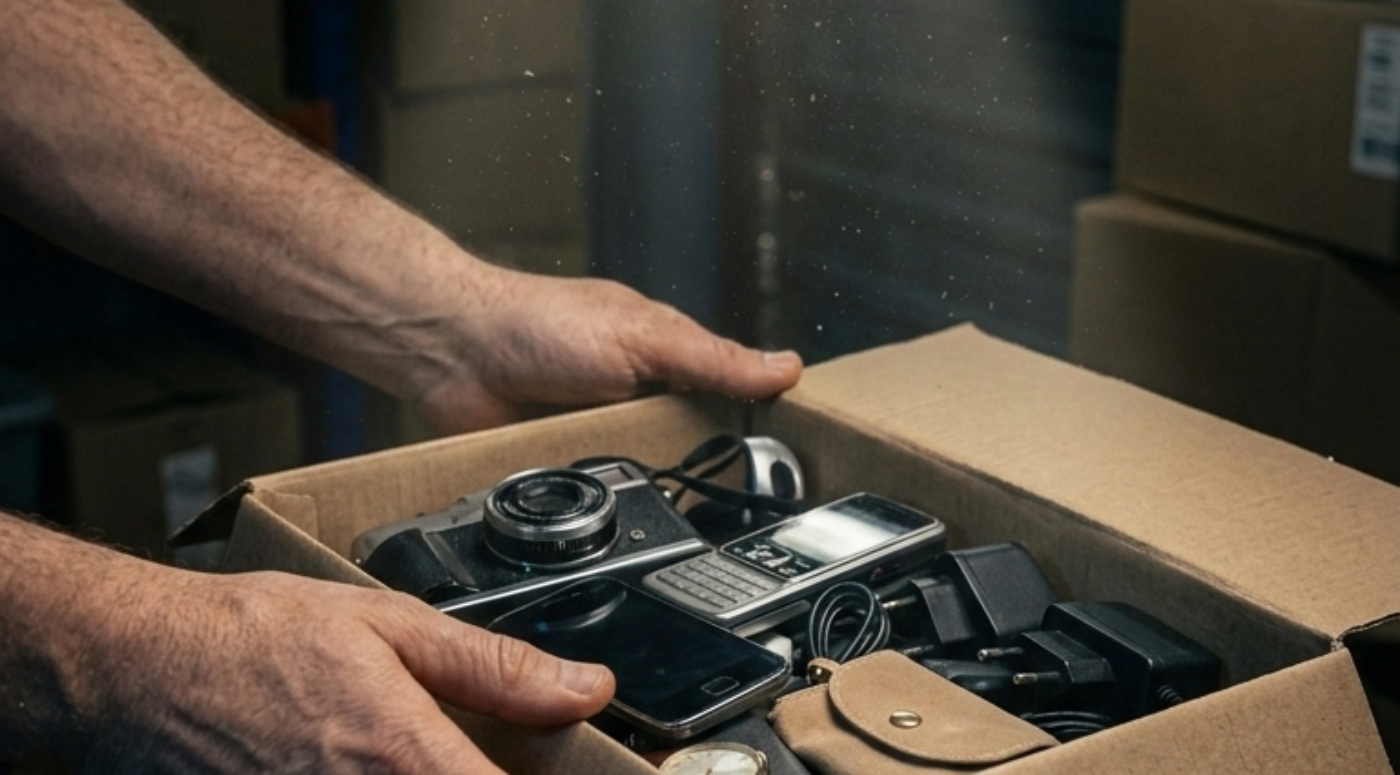Hands placing box of goods on warehouse table in dim lighting representing handling stolen goods investigation and bail process in England and Wales