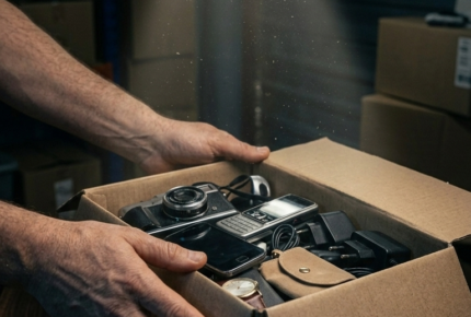 Hands placing box of goods on warehouse table in dim lighting representing handling stolen goods investigation and bail process in England and Wales