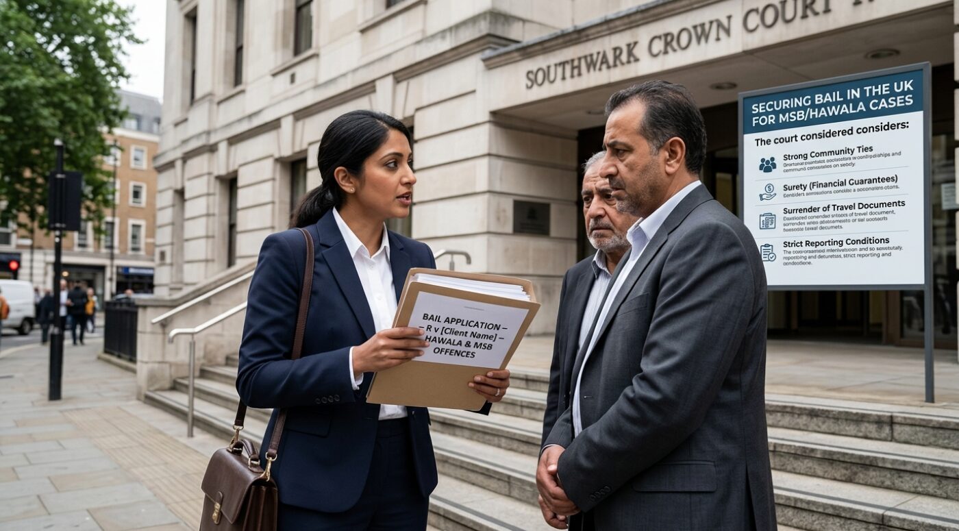 A South Asian female solicitor in a navy suit stands outside Southwark Crown Court holding a case file labeled "BAIL APPLICATION - R v [Client Name] - HAWALA & MSB OFFENCES," speaking earnestly with two male clients in suits who listen with concerned expressions. An informational sign beside them reads "Securing Bail in the UK for MSB/Hawala Cases" and lists factors the court considers, including strong community ties, surety (financial guarantees), surrender of travel documents, and strict reporting conditions, with the imposing courthouse building and London street visible in the background.