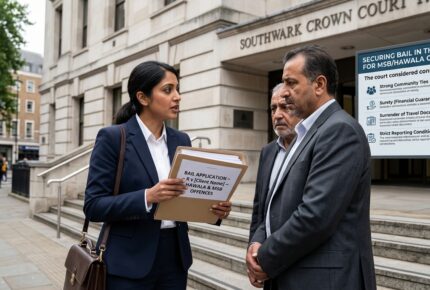 A South Asian female solicitor in a navy suit stands outside Southwark Crown Court holding a case file labeled "BAIL APPLICATION - R v [Client Name] - HAWALA & MSB OFFENCES," speaking earnestly with two male clients in suits who listen with concerned expressions. An informational sign beside them reads "Securing Bail in the UK for MSB/Hawala Cases" and lists factors the court considers, including strong community ties, surety (financial guarantees), surrender of travel documents, and strict reporting conditions, with the imposing courthouse building and London street visible in the background.