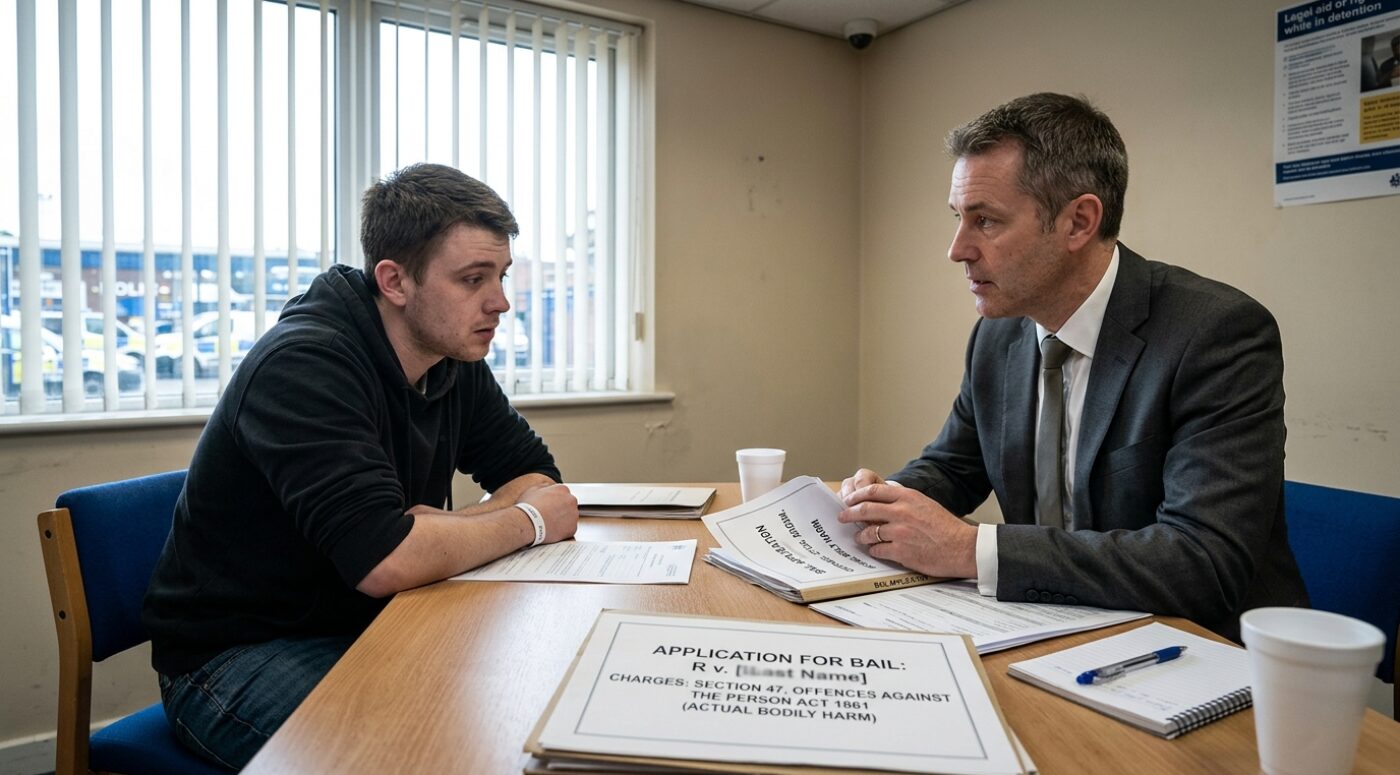 Solicitor advising a young client in a police station meeting room about a bail application for charges under Section 47 of the Offences Against the Person Act 1861 (actual bodily harm).