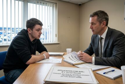 Solicitor advising a young client in a police station meeting room about a bail application for charges under Section 47 of the Offences Against the Person Act 1861 (actual bodily harm).