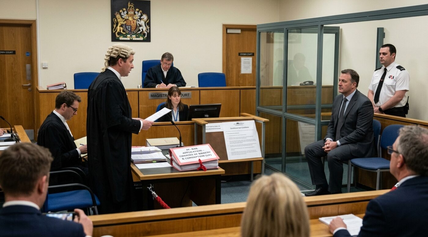 A Crown Court bail hearing where a male barrister in a traditional white wig and black robes stands reading from documents at a lectern, with a thick red case file labeled "Bail Application - Charges of Bribery & Corruption" on the desk beside him. The defendant, a man in a gray suit, sits in a glass-enclosed dock to the right under the watch of a uniformed security officer, while a judge in robes presides from the bench beneath the royal coat of arms, a court clerk works at her computer, and solicitors and observers fill the surrounding benches in the wood-paneled courtroom.