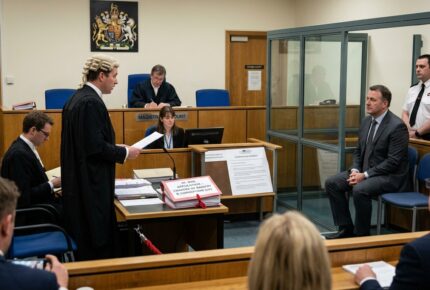 A Crown Court bail hearing where a male barrister in a traditional white wig and black robes stands reading from documents at a lectern, with a thick red case file labeled "Bail Application - Charges of Bribery & Corruption" on the desk beside him. The defendant, a man in a gray suit, sits in a glass-enclosed dock to the right under the watch of a uniformed security officer, while a judge in robes presides from the bench beneath the royal coat of arms, a court clerk works at her computer, and solicitors and observers fill the surrounding benches in the wood-paneled courtroom.
