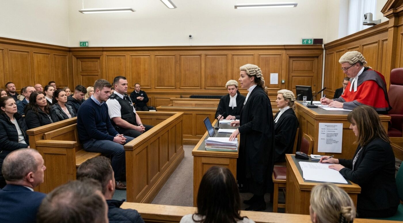 A busy British Crown Court scene where a female barrister in a traditional white wig and black robes stands addressing the court, with two fellow barristers in wigs seated beside her at the bench reviewing case papers. A young male defendant in a navy sweater sits in the dock accompanied by a uniformed police officer, while a judge in a red and black robe and wig presides from the elevated bench taking notes, a court clerk works at a desk in the foreground, and a packed public gallery of family members and observers watches the proceedings in the wood-paneled courtroom.