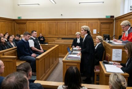 A busy British Crown Court scene where a female barrister in a traditional white wig and black robes stands addressing the court, with two fellow barristers in wigs seated beside her at the bench reviewing case papers. A young male defendant in a navy sweater sits in the dock accompanied by a uniformed police officer, while a judge in a red and black robe and wig presides from the elevated bench taking notes, a court clerk works at a desk in the foreground, and a packed public gallery of family members and observers watches the proceedings in the wood-paneled courtroom.