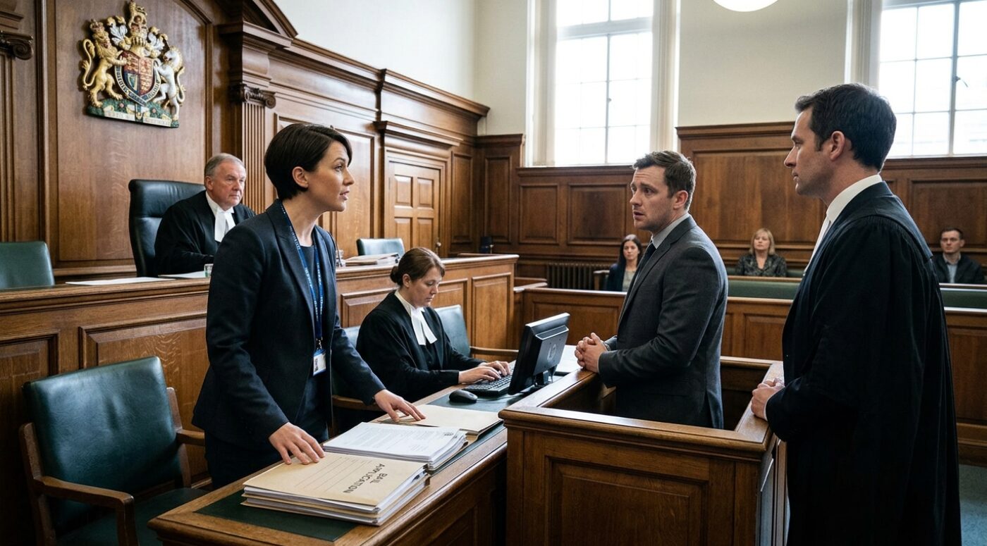 A British courtroom scene where a female solicitor with short dark hair, wearing a navy blazer and ID lanyard, stands at a desk with a "Bail Application" case file, conversing with her male client in a gray suit who stands in the dock. A male barrister in traditional black robes and white bands stands to the right, while a judge in robes and wig presides from the elevated bench beneath the royal coat of arms, a court clerk types at a computer, and members of the public observe from the gallery in the grand wood-paneled courtroom.