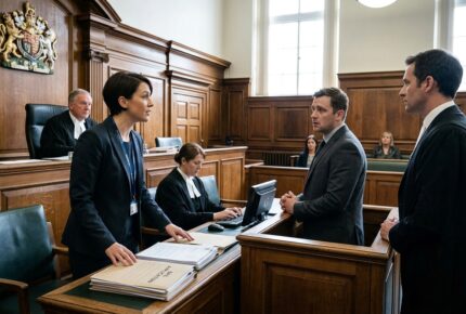 A British courtroom scene where a female solicitor with short dark hair, wearing a navy blazer and ID lanyard, stands at a desk with a "Bail Application" case file, conversing with her male client in a gray suit who stands in the dock. A male barrister in traditional black robes and white bands stands to the right, while a judge in robes and wig presides from the elevated bench beneath the royal coat of arms, a court clerk types at a computer, and members of the public observe from the gallery in the grand wood-paneled courtroom.