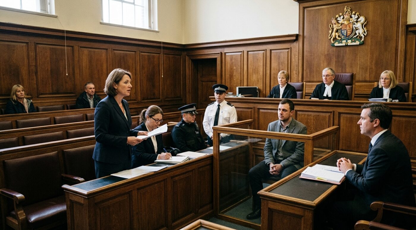 A traditional British magistrates' court scene where a female solicitor in a dark suit stands holding documents as she addresses the bench, with a panel of three magistrates seated beneath the royal coat of arms. The defendant, a man in a gray blazer, sits in the wooden dock to the right accompanied by uniformed police officers, while another solicitor reviews papers at the desk beside her, opposing counsel sits at a separate desk, and a few members of the public observe from the gallery in the wood-paneled courtroom.