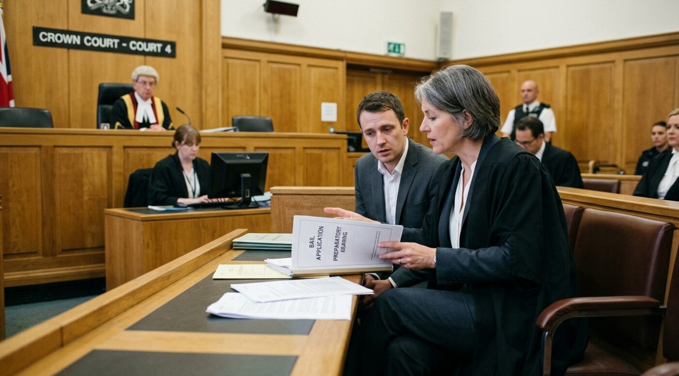 Inside "Crown Court - Court 4," a female solicitor with gray hair in a black blazer sits beside her younger male client in a gray jacket, quietly conferring as she holds documents labeled "BAIL APPLICATION" and "PREPARATORY HEARING." A judge in ceremonial wig and red and black robes presides from the bench in the background, while a court clerk works at a computer, opposing counsel sits at the far desk, and security officers stand on duty in the wood-paneled British courtroom with a Union Jack flag visible to the left.