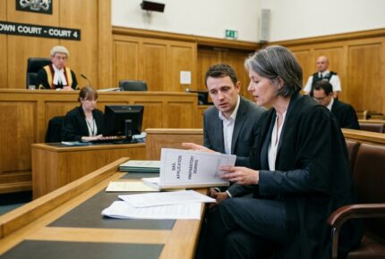 Inside "Crown Court - Court 4," a female solicitor with gray hair in a black blazer sits beside her younger male client in a gray jacket, quietly conferring as she holds documents labeled "BAIL APPLICATION" and "PREPARATORY HEARING." A judge in ceremonial wig and red and black robes presides from the bench in the background, while a court clerk works at a computer, opposing counsel sits at the far desk, and security officers stand on duty in the wood-paneled British courtroom with a Union Jack flag visible to the left.