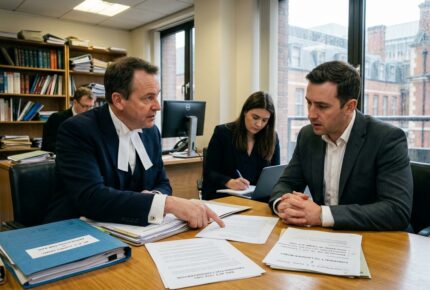 A senior male barrister in a dark suit with white court bands sits at a conference table reviewing case documents with his client, a man in a gray blazer who listens intently with clasped hands. The papers spread before them include a blue folder labeled "RE: R v [Client Name] - APPLICATION FOR BAIL" and documents referencing "BAIL ACT 1976 - GROUNDS FOR CONSIDERATION," "CONSPIRACY TO LAUNDER MONEY," and "Proceeds of Crime Act 2002," while a junior female colleague takes notes nearby in a law chambers office lined with legal volumes and overlooking a row of Victorian buildings through the window.