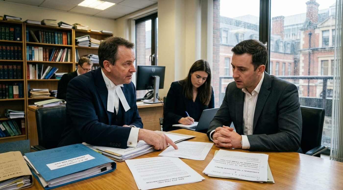 A male barrister in court attire with white bands sits across from his client, a man in a gray blazer, in a law chambers conference room, pointing to a document as he explains legal strategy. Case files on the table include a blue folder labeled "RE: R v [Client Name] - APPLICATION FOR BAIL" and documents referencing "CONSPIRACY TO LAUNDER MONEY," "BAIL ACT 1976 - GROUNDS FOR CONSIDERATION," and "Proceeds of Crime Act 2002," while a female junior associate takes notes on a laptop in the background, with shelves of legal volumes and a window view of Victorian brick buildings visible.