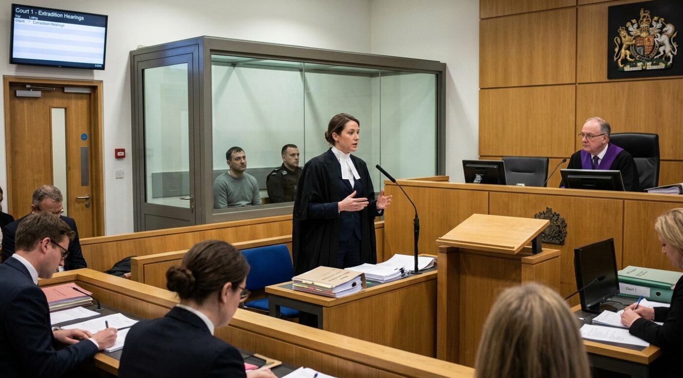 A modern British courtroom designated "Court 1 - Extradition Hearings" where a female barrister in black robes and white bands stands gesturing as she addresses a judge in purple robes seated at the bench beneath the royal coat of arms. The defendant, a man in a gray sweater, sits in a glass-enclosed dock accompanied by a uniformed security officer, while solicitors and clerks work at desks in the foreground taking notes, with a screen on the wall displaying the court's case listing.