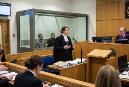 A modern British courtroom designated "Court 1 - Extradition Hearings" where a female barrister in black robes and white bands stands gesturing as she addresses a judge in purple robes seated at the bench beneath the royal coat of arms. The defendant, a man in a gray sweater, sits in a glass-enclosed dock accompanied by a uniformed security officer, while solicitors and clerks work at desks in the foreground taking notes, with a screen on the wall displaying the court