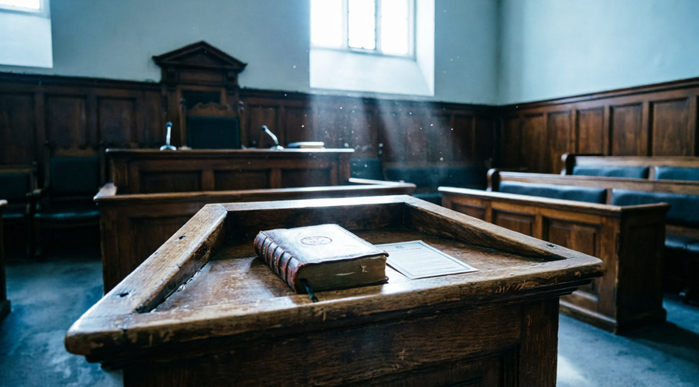 Empty witness box in British courtroom with Bible and oath card representing conspiracy to commit perjury investigation and bail process in England and Wales