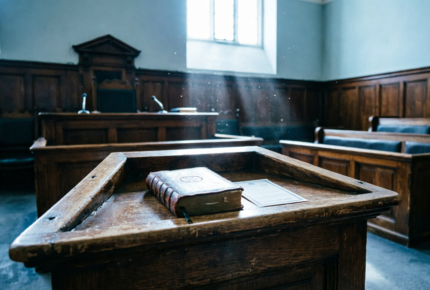 Empty witness box in British courtroom with Bible and oath card representing conspiracy to commit perjury investigation and bail process in England and Wales