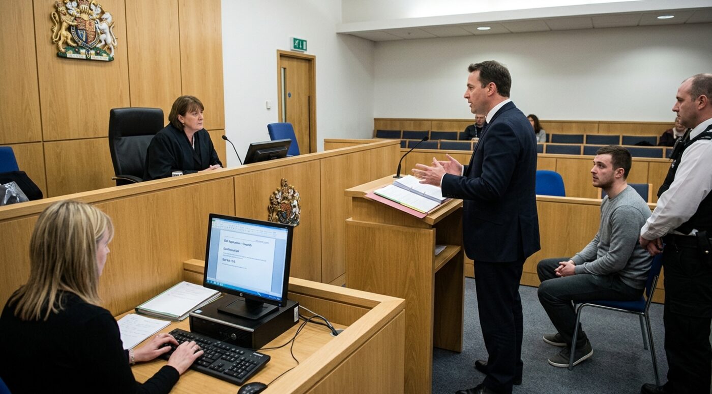 A modern British magistrates' court scene where a male solicitor in a dark suit stands at a wooden lectern, gesturing as he presents a bail application to a female magistrate in black robes seated beneath the royal coat of arms. His young male client in a gray sweater sits to the right, accompanied by a uniformed police officer, while a court clerk in the foreground types on a computer displaying "Bail Application" notes, all set within a contemporary wood-paneled courtroom with blue chairs in the public gallery.