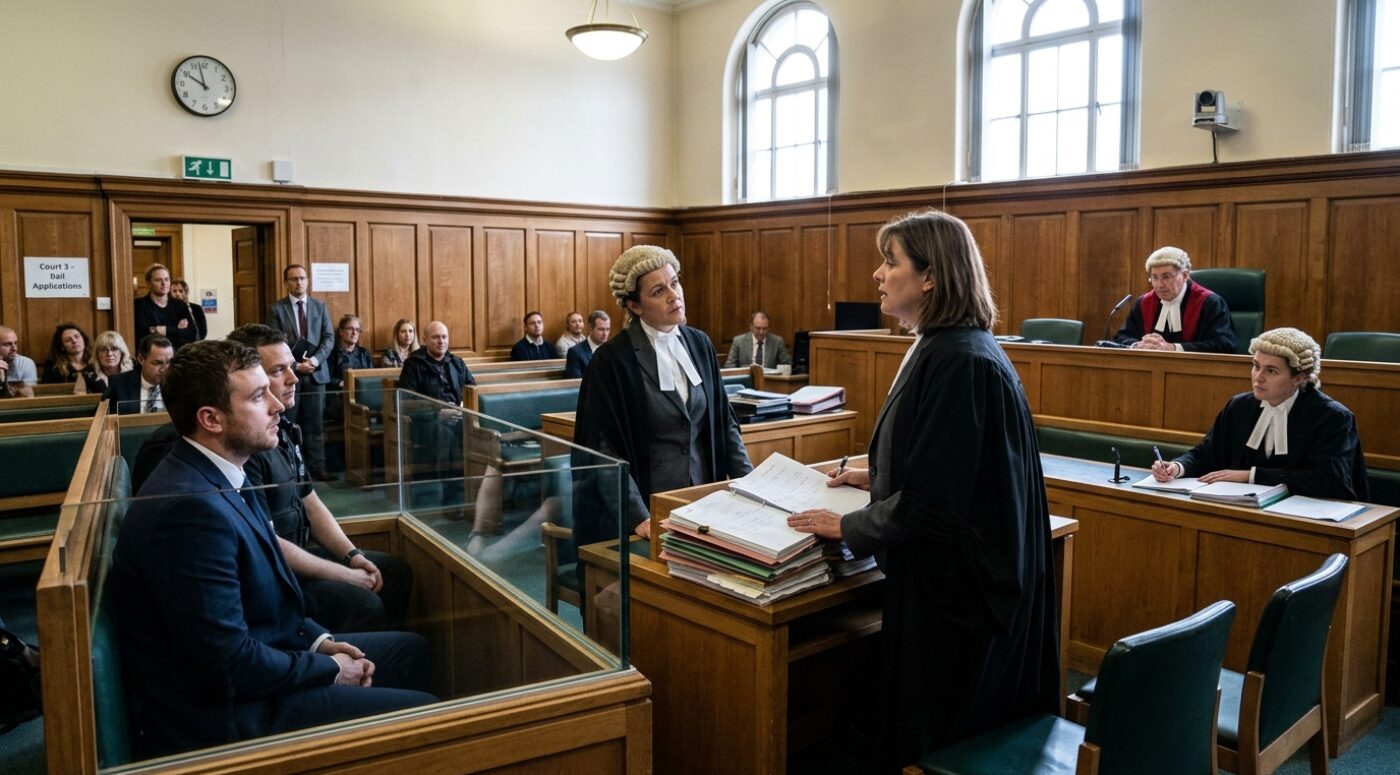 Bail application hearing in a UK Crown Court, with two barristers in wigs and gowns addressing the judge while the defendant sits in the glass dock and members of the public observe from the gallery.