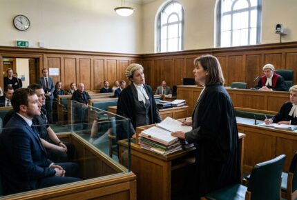 Bail application hearing in a UK Crown Court, with two barristers in wigs and gowns addressing the judge while the defendant sits in the glass dock and members of the public observe from the gallery.