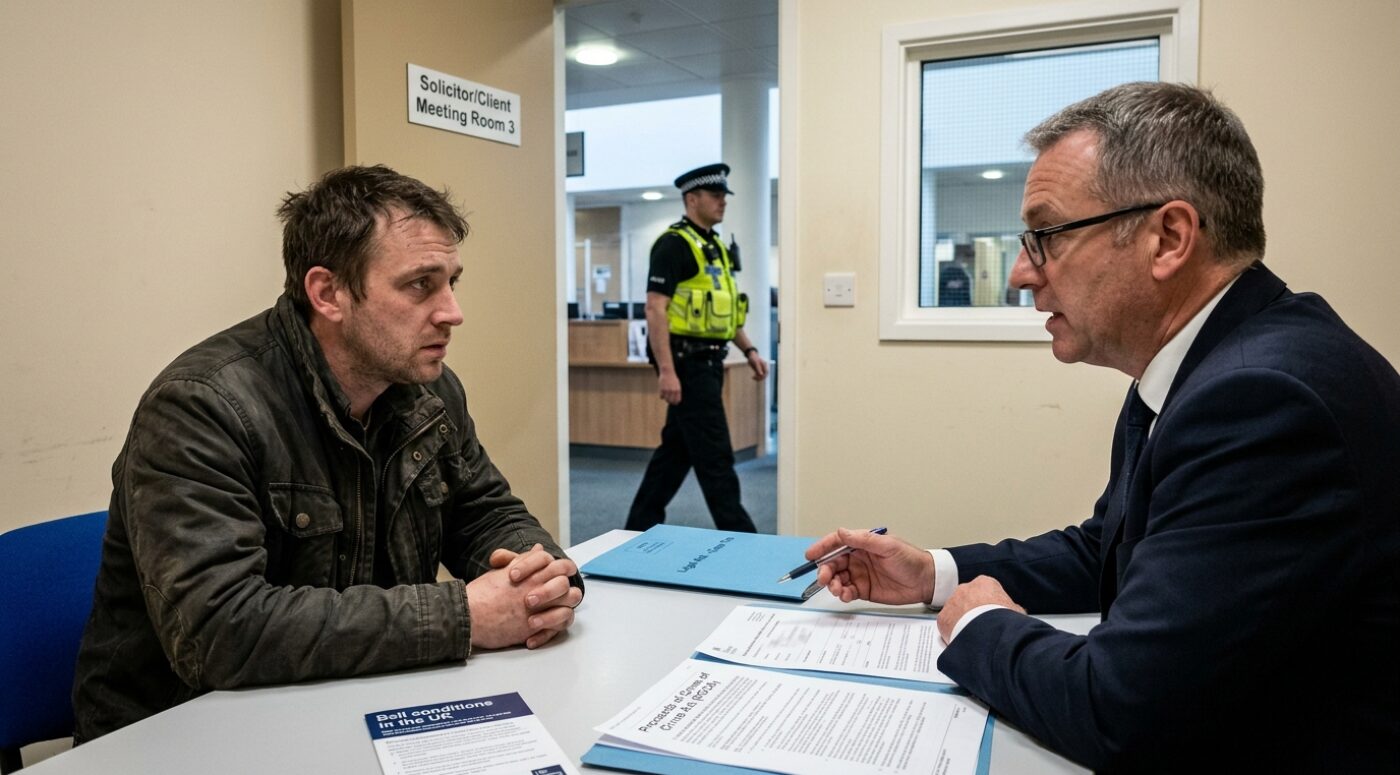 Solicitor meeting with a client in a police station consultation room to discuss bail conditions and legal advice, with a police officer visible in the background.