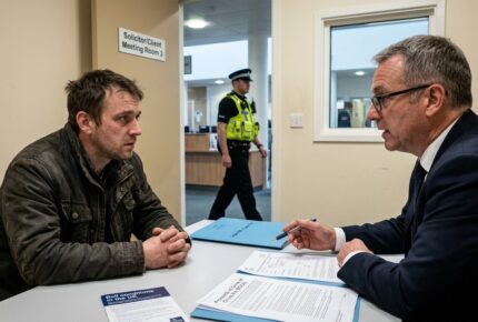 Solicitor meeting with a client in a police station consultation room to discuss bail conditions and legal advice, with a police officer visible in the background.