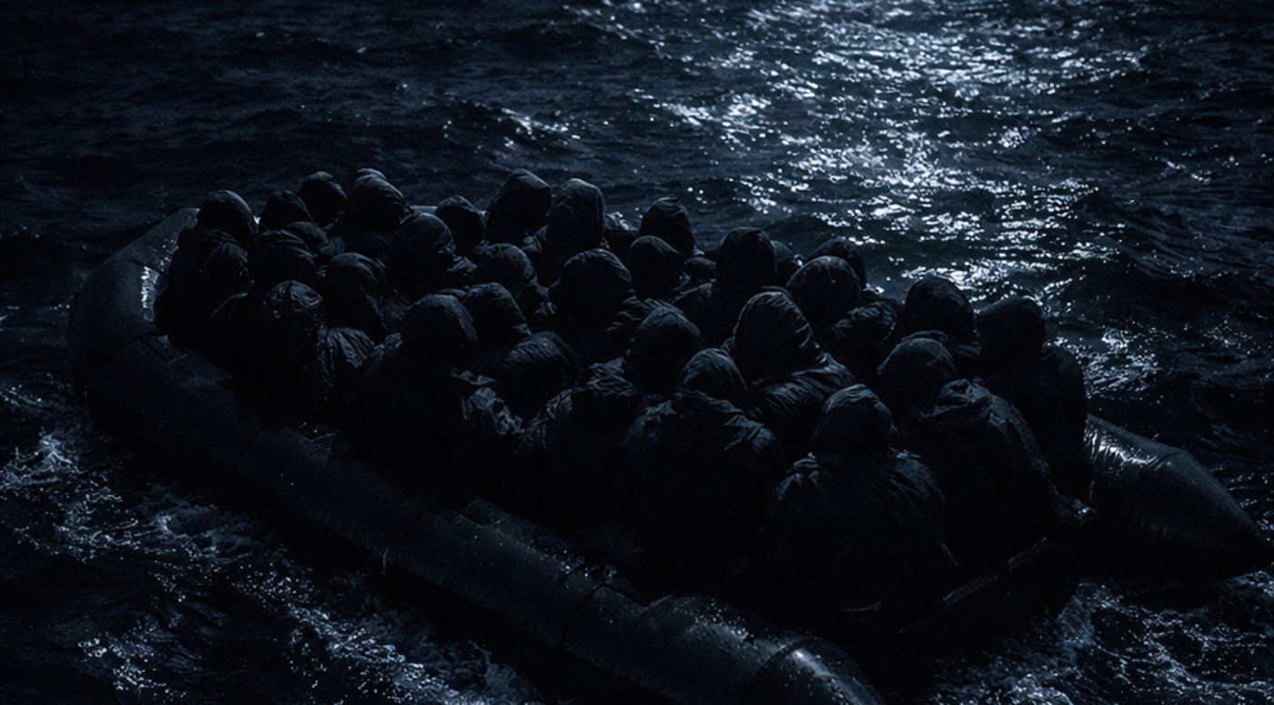 Overcrowded inflatable boat on dark water at night representing illegal immigration and the legal process following arrest for assisting illegal entry or harbouring persons in the UK