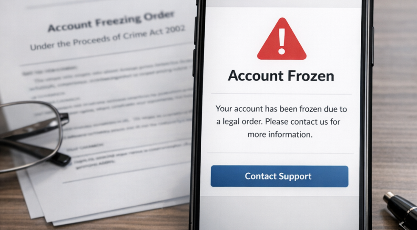 Police freeze bank account UK – smartphone showing frozen banking app notification representing an Account Freezing Order under POCA 2002
