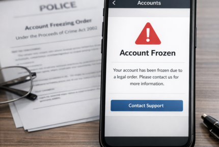 Police freeze bank account UK – smartphone showing frozen banking app notification representing an Account Freezing Order under POCA 2002