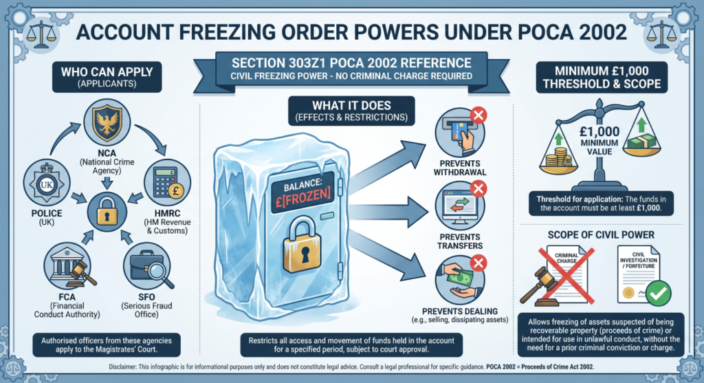 Legal infographic showing Account Freezing Order powers under POCA 2002 applicable to police, NCA, HMRC and FCA