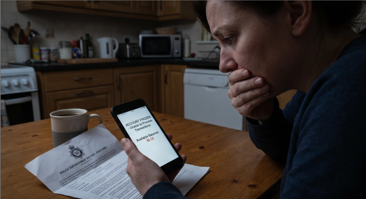 Banking app showing account frozen notification with police enforcement document representing Account Freezing Order impact