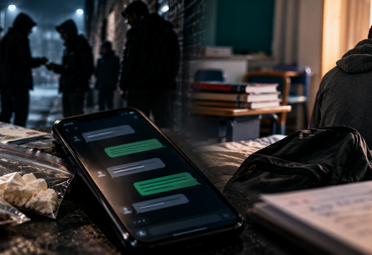 A cinematic headline image illustrating a county lines exploitation defence, contrasting alleged Class A drug activity with evidence of vulnerability and coercion. In the foreground, a smartphone displaying anonymous messages and suspected drug evidence represents the prosecution’s reliance on communications and the alleged operation of a county line. Shadowed figures on a dark urban street suggest the wider drug network and potential control by others, while a young person sitting alone beside school books and a backpack represents the defence evidence concerning declining attendance, behaviour and stability. The contrasting environments reflect the article’s central issue: digital evidence may show what a person did, but it does not necessarily establish why they acted, whether they were being exploited, or whether they were exercising free choice.