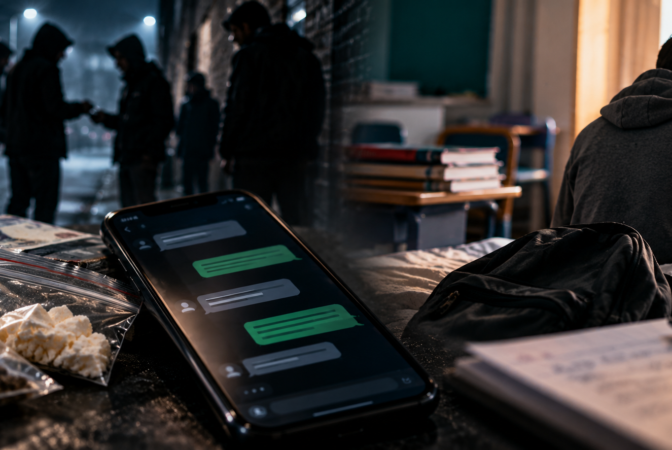 A cinematic headline image illustrating a county lines exploitation defence, contrasting alleged Class A drug activity with evidence of vulnerability and coercion. In the foreground, a smartphone displaying anonymous messages and suspected drug evidence represents the prosecution’s reliance on communications and the alleged operation of a county line. Shadowed figures on a dark urban street suggest the wider drug network and potential control by others, while a young person sitting alone beside school books and a backpack represents the defence evidence concerning declining attendance, behaviour and stability. The contrasting environments reflect the article’s central issue: digital evidence may show what a person did, but it does not necessarily establish why they acted, whether they were being exploited, or whether they were exercising free choice.