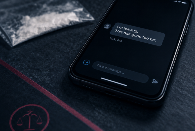 A smartphone displaying a text message beside suspected drug evidence, illustrating a criminal defence case involving Class A drug supply allegations and phone evidence.