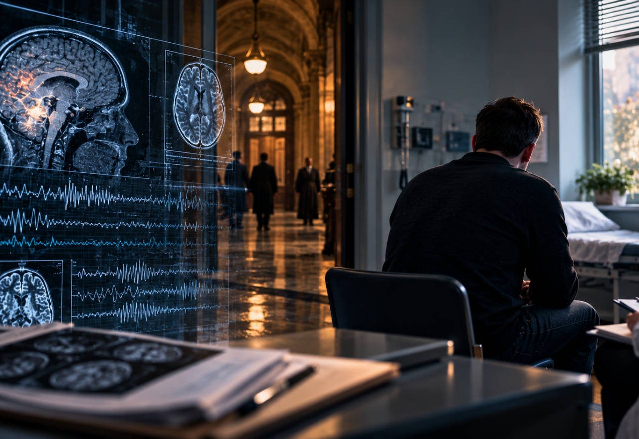 A man standing on a rainy city street at night beside a vehicle, with digital overlays showing CCTV footage, facial recognition, mobile phone tracking and location data, illustrating a criminal investigation relevant to the insanity defence for attempted murder in England and Wales.