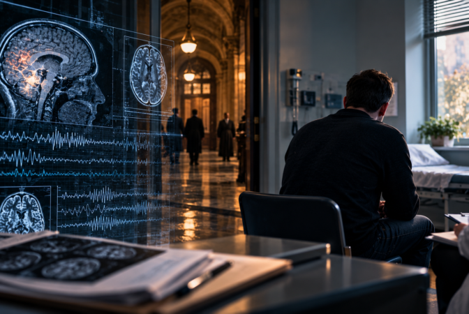 A man standing on a rainy city street at night beside a vehicle, with digital overlays showing CCTV footage, facial recognition, mobile phone tracking and location data, illustrating a criminal investigation relevant to the insanity defence for attempted murder in England and Wales.