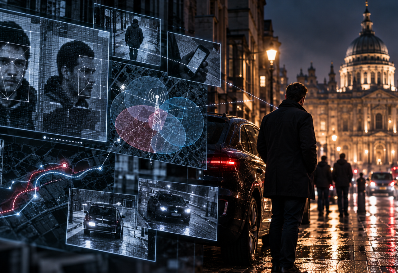 Surveillance footage, facial recognition, vehicle tracking and mobile phone data being analysed in a murder investigation on a rainy London street.