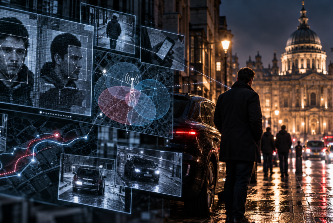 Surveillance footage, facial recognition, vehicle tracking and mobile phone data being analysed in a murder investigation on a rainy London street.
