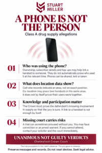 The Stuart Miller infographic explains how exploitation can form part of a defence to county lines drug supply and conspiracy allegations. It describes a case in which the Crown alleged that the client operated a county line supplying heroin and crack cocaine from London into another town through bulk marketing messages, local runners and cuckooed addresses. The infographic explains that under section 45 of the Modern Slavery Act 2015, exploitation may provide a statutory defence to certain offences where the relevant legal requirements are satisfied, while emphasising that vulnerability alone is not enough. It highlights the defence argument that phone evidence may demonstrate what someone did but cannot, by itself, establish why they acted or whether they exercised free choice. The defence relied on expert evidence concerning criminal exploitation, family testimony and school records showing a decline in attendance, behaviour and stability to support the case that the client acted under compulsion rather than as a willing organiser. At Wood Green Crown Court, the jury found the client not guilty of the main supply and conspiracy charges, reinforcing the infographic’s central message that digital evidence can show conduct, but it does not necessarily explain free will, coercion or exploitation.